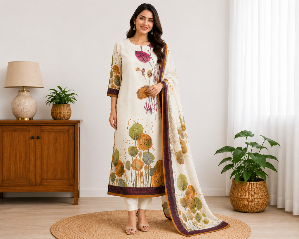 Elegant Cream Digital Print Kurthi Set with Printed Dupatta