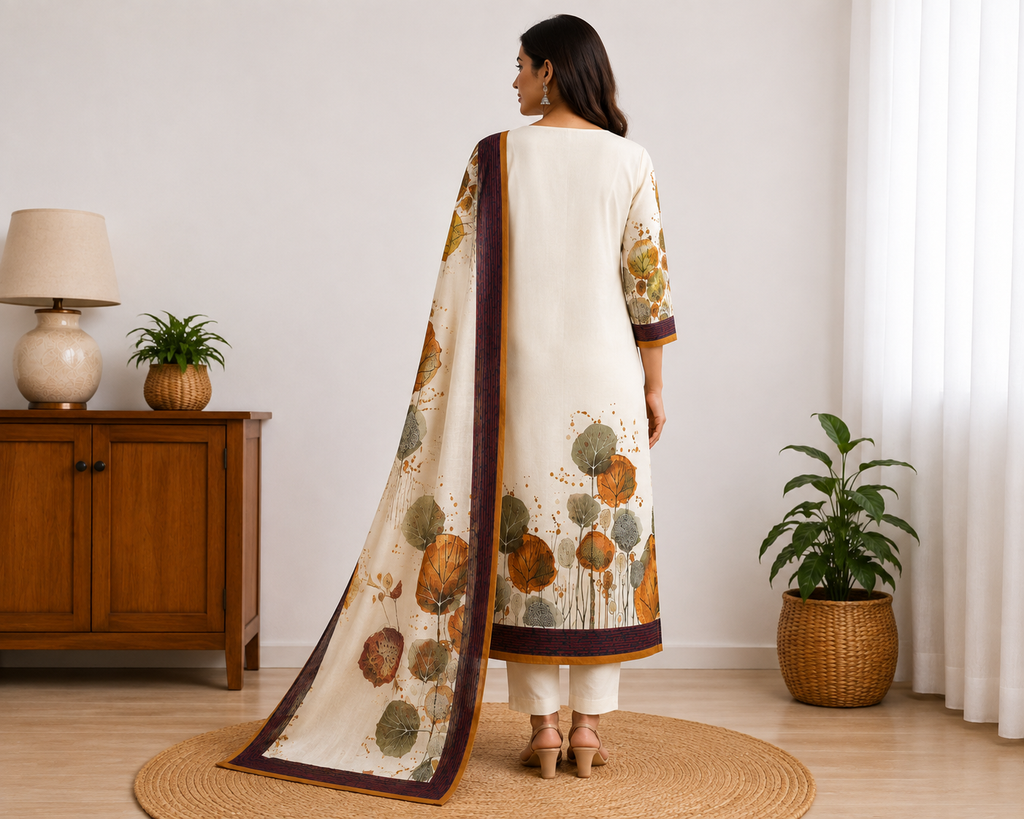 Elegant Cream Digital Print Kurthi Set with Printed Dupatta