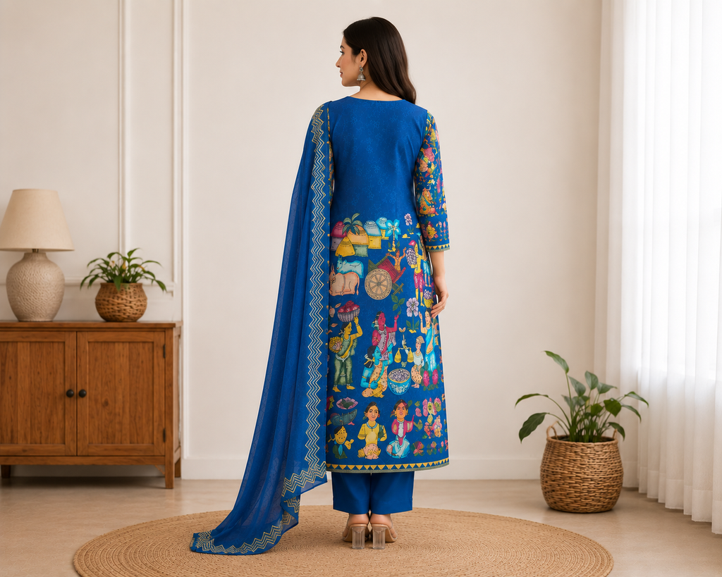 Women's Indigo Folk Art Printed Straight Kurthi Set with Pant & Dupatta