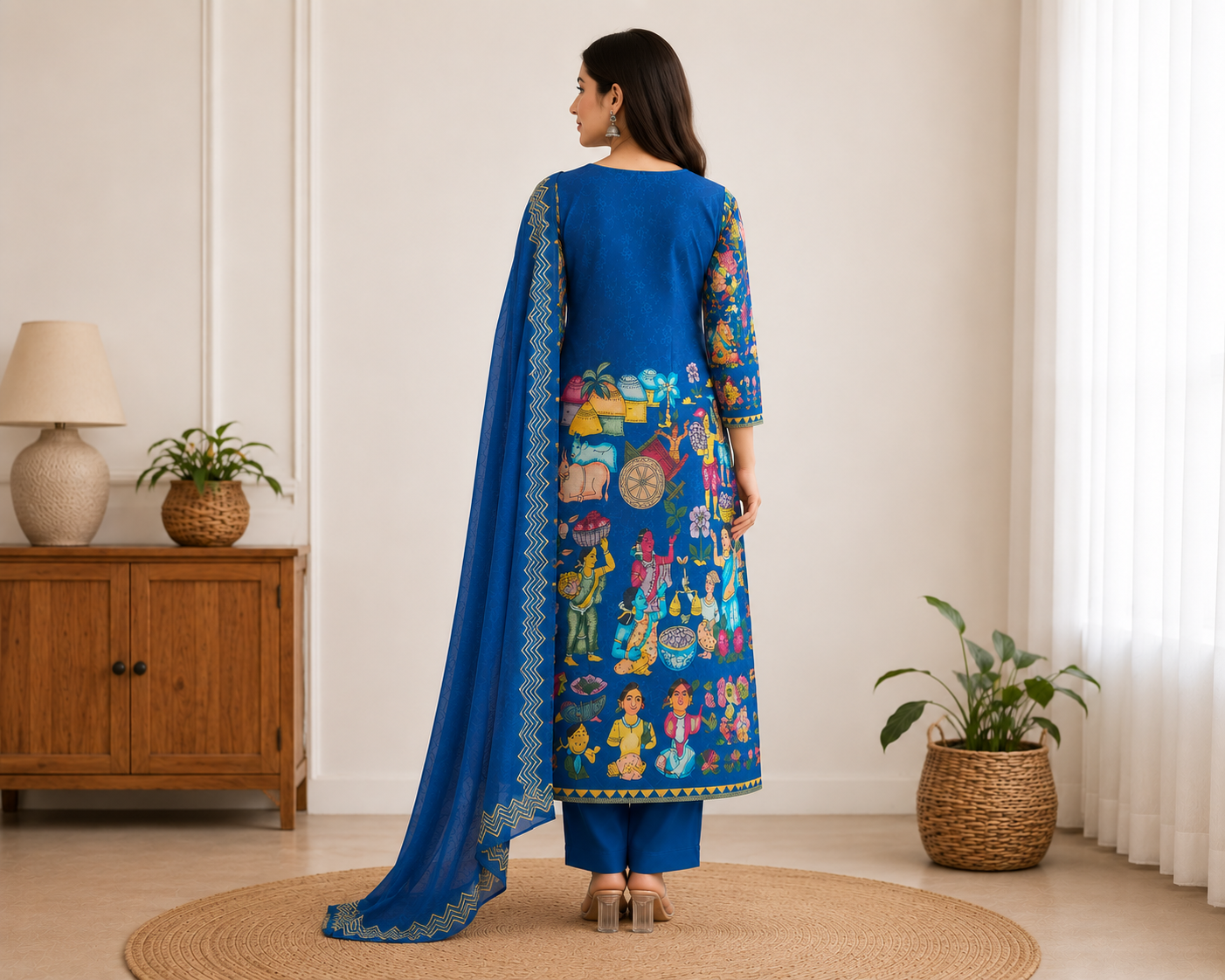 Women's Indigo Folk Art Printed Straight Kurthi Set with Pant & Dupatta