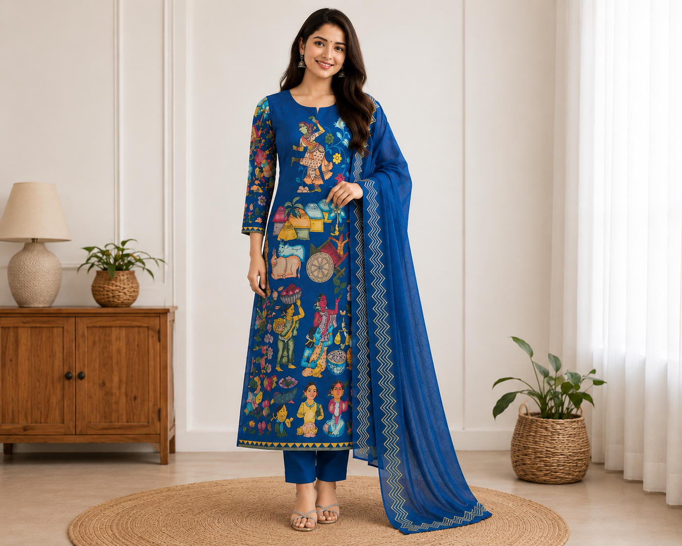 Women's Indigo Folk Art Printed Straight Kurthi Set with Pant & Dupatta