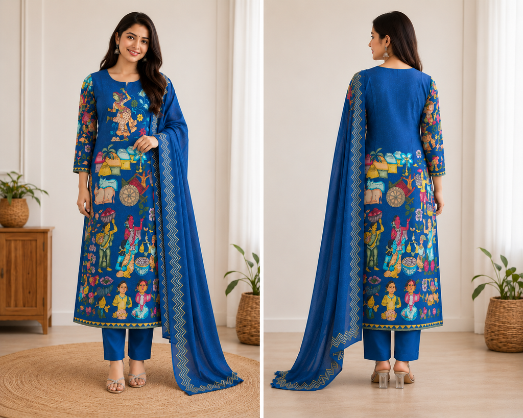Women's Indigo Folk Art Printed Straight Kurthi Set with Pant & Dupatta