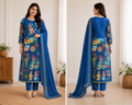 Women's Indigo Folk Art Printed Straight Kurthi Set with Pant & Dupatta