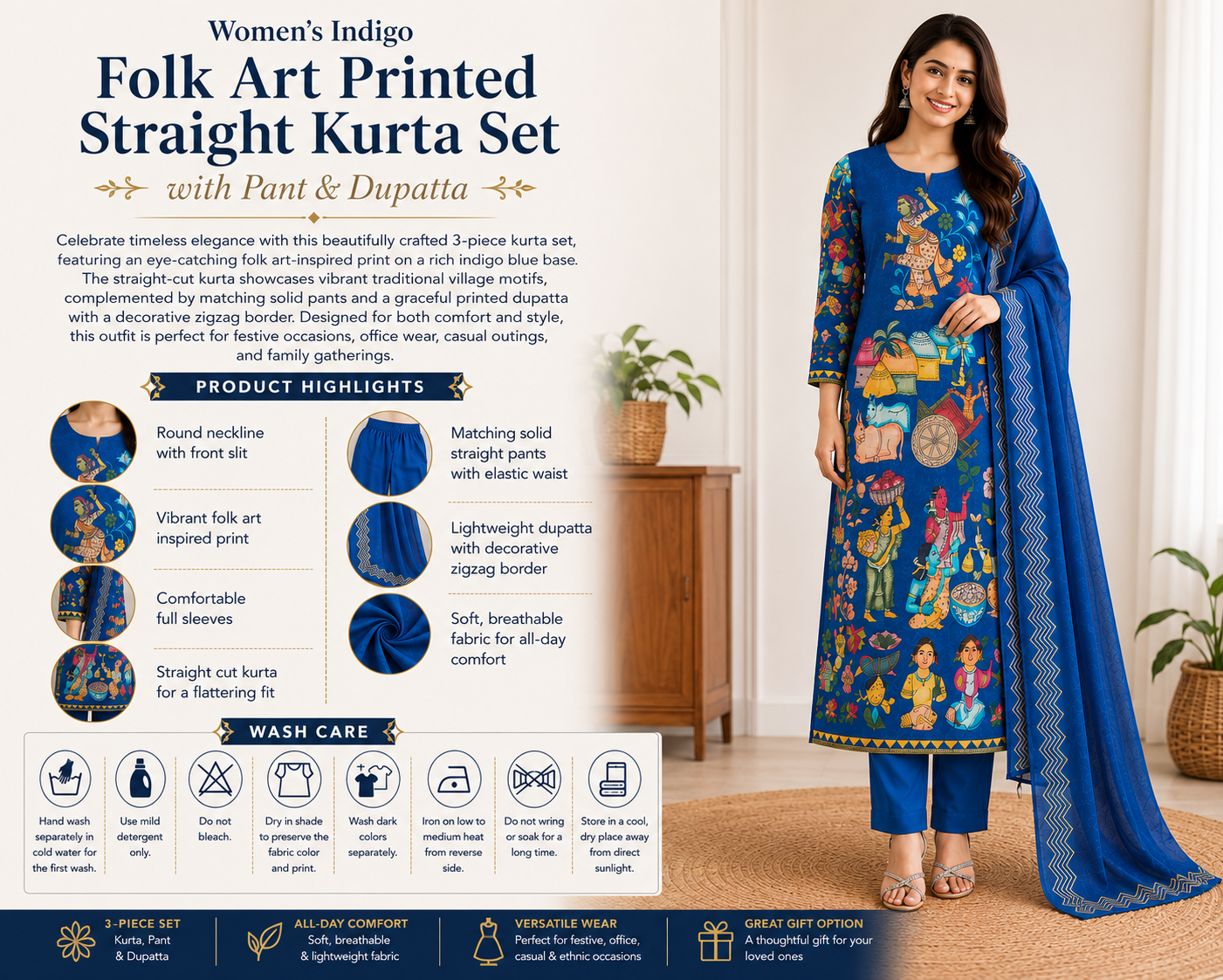 Women's Indigo Folk Art Printed Straight Kurthi Set with Pant & Dupatta