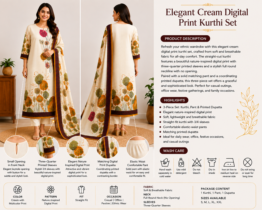 Elegant Cream Digital Print Kurthi Set with Printed Dupatta