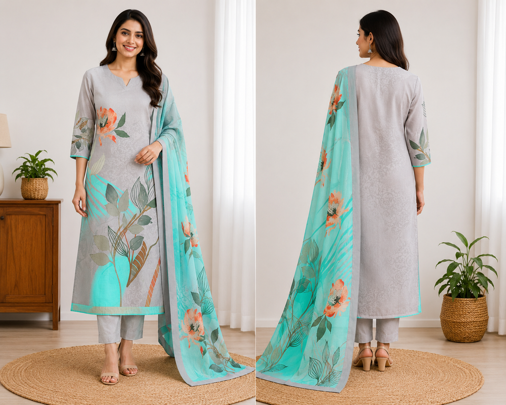 Grey Floral Digital Print Kurthi Set