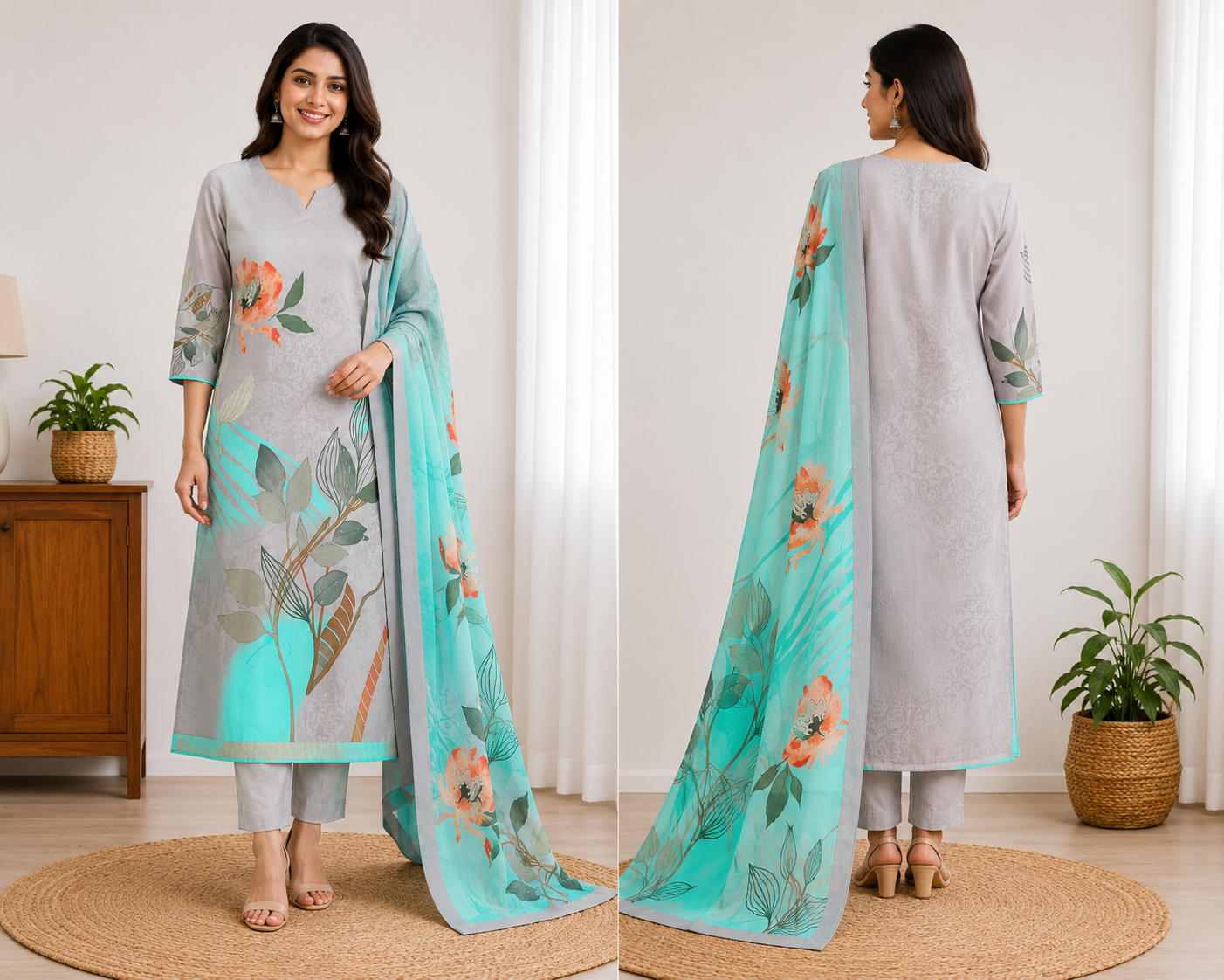 Grey Floral Digital Print Kurthi Set