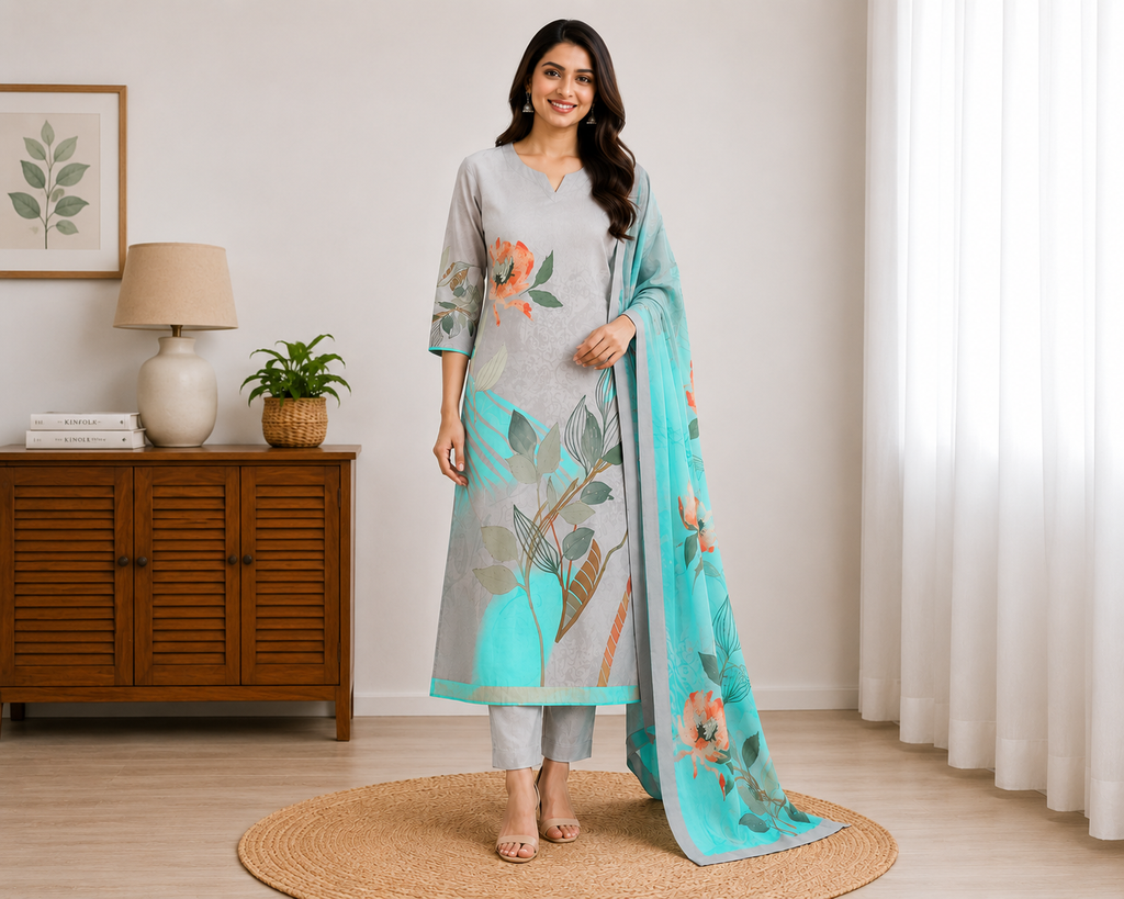 Grey Floral Digital Print Kurthi Set