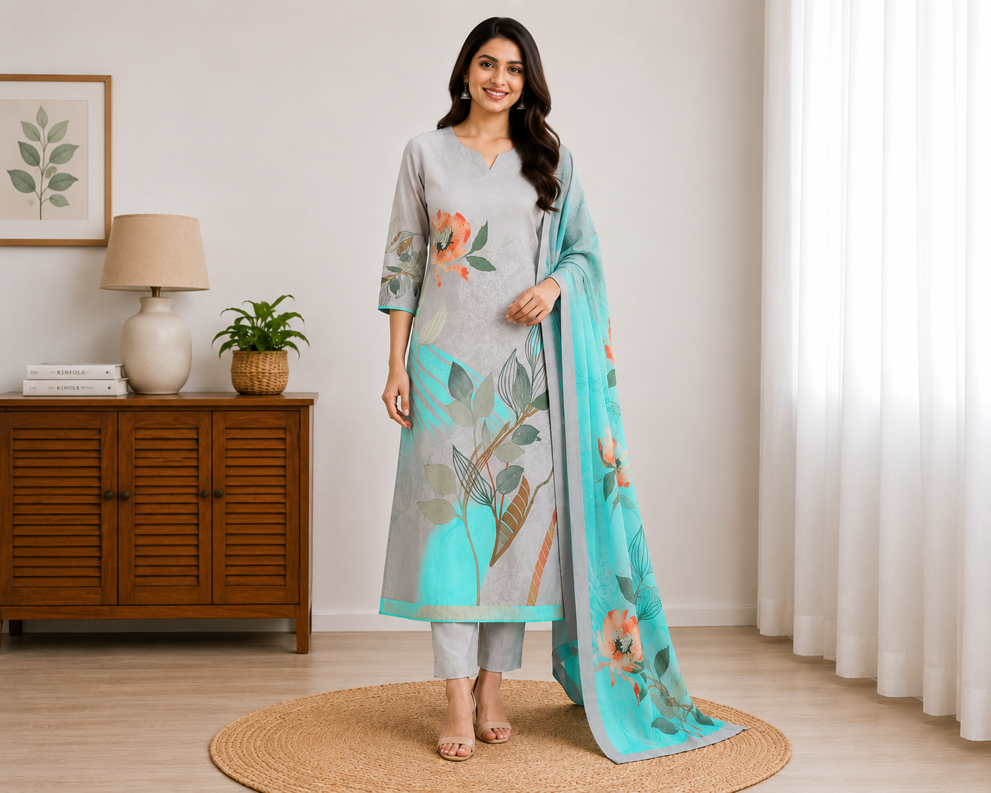 Grey Floral Digital Print Kurthi Set