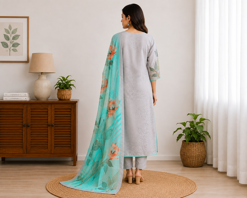 Grey Floral Digital Print Kurthi Set