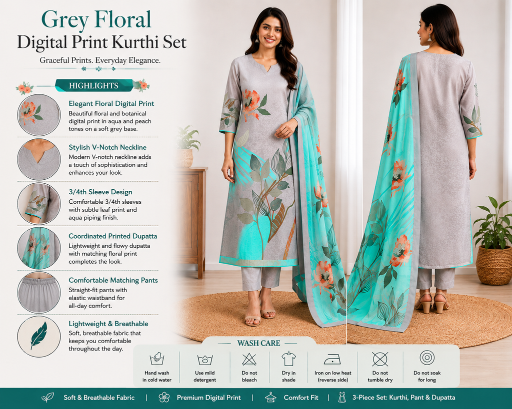 Grey Floral Digital Print Kurthi Set