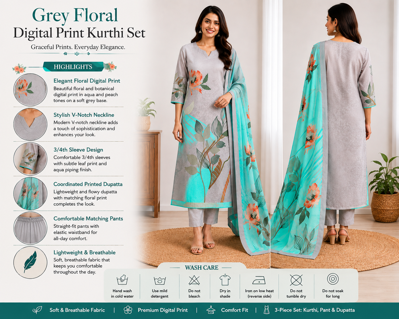 Grey Floral Digital Print Kurthi Set