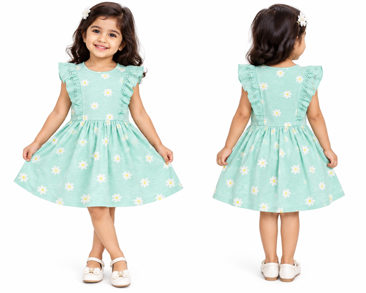 Girls Mint Green Floral Frock with Ruffle Sleeves