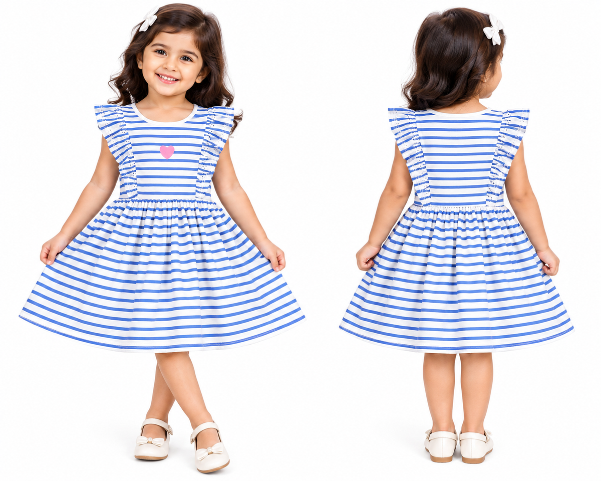 Girls Blue & White Striped Ruffle Frock
