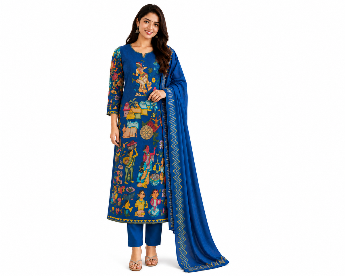 Women's Indigo Folk Art Printed Straight Kurthi Set with Pant & Dupatta