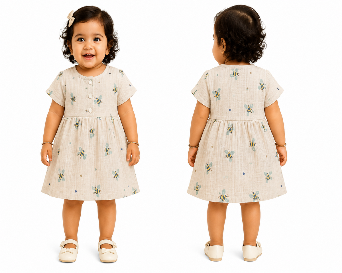 Honey Bee Print Muslin Dress for Baby Girls