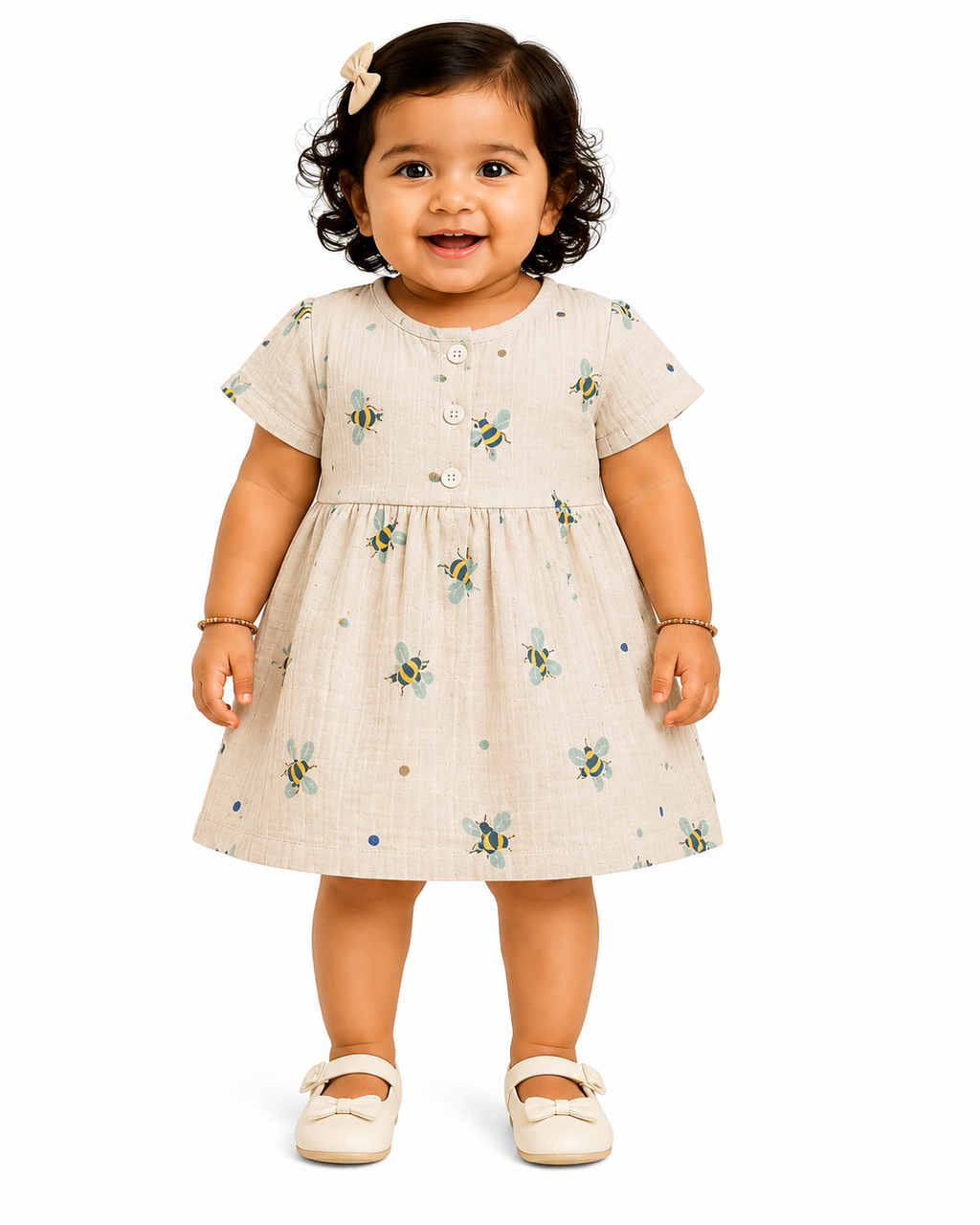 Honey Bee Print Muslin Dress for Baby Girls